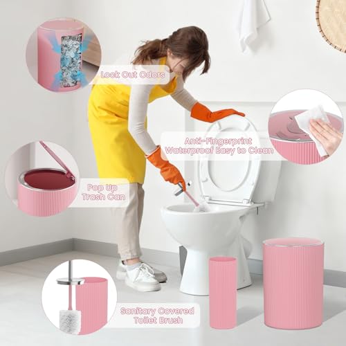 Light Pink Bathroom Accessories Set - Bathroom Sets, 25PC Bath Accessory Set, Bathroom Sets with Push Top Trash Can, Shower Curtain and Rugs, Toilet Brush, Trash Can & Soap Dispenser - color: Pink & Silver, size: 25-Piece Set (Accessories + Shower Curtain