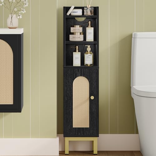 Hzuaneri Bathroom Storage Cabinet, Small Corner Floor Cabinet with Door and Shelves, Narrow Toilet Paper Holder, Bathroom Organizer with Adjustable Shelf, for Small Spaces, Rattan Black BC08204Y - color: Rattan Black, size: 7.9"D x 7.9"W x 32.7"H