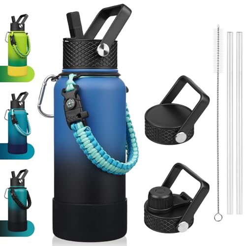 BJPKPK 32oz Insulated Water Bottles with 3 Lids, Paracord Handle & Non-slip Boot, Stainless Steel Metal Water Bottle,Reusable BPA Free Thermal Flasks, Tumblers, Blue Black - color: Blue/Black, size: 32 Ounces
