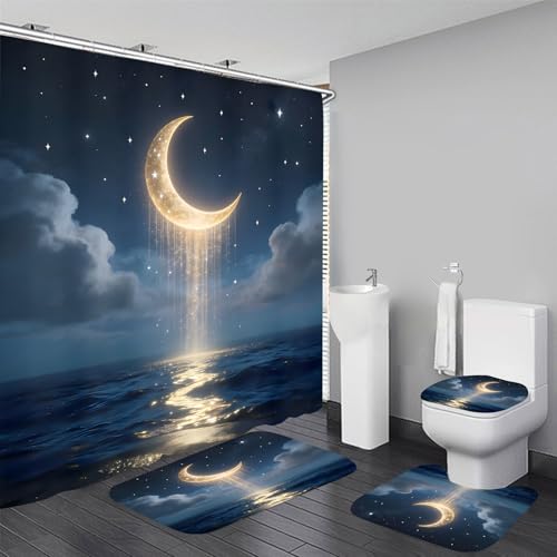 LQCOOL 4Pcs Moon Shower Curtain Set Blue and Gold Sea Bathroom Sets for Bathroom with Rugs Shower Curtain with 12 Hooks - color: Blue Moon