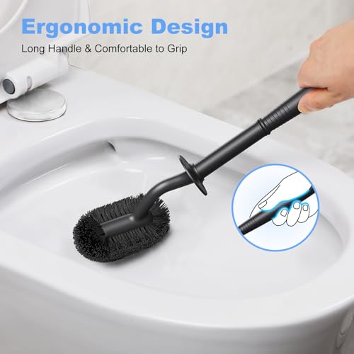 HAMITOR Toilet Bowl Brush Holder Set: Curved Design with Holder for Deep Cleaning Under Rim - Compact Hidden Scrubber for Small Space - Modern RV Bathroom Accessories - Black - color: Black