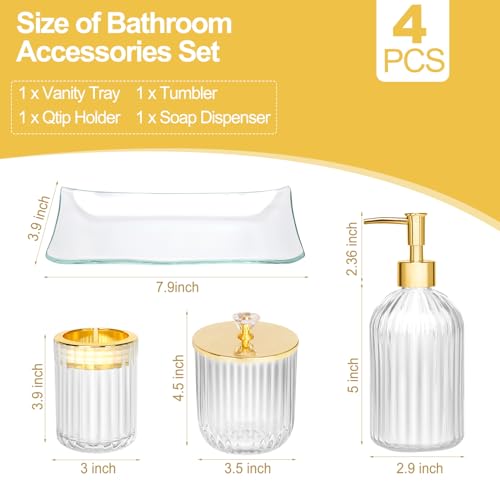 Gold Bathroom Accessories 4Pcs of Glass Bathroom Counter Organizer Set,Toothbrush Holders, Soap Dispenser, Apothecary Jar, Vanity Tray, Bathroom Decor Gifts