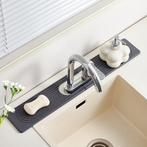 Stone Faucet Mat for Kitchen Sink Oval Hole Bathroom sink splash guard | Water-Absorbing Diatomite Stone Drying Mat & Sink Protectors Absorbent Stone Tray for Bathroom Counter, Oval Hole 6.5" x 2.5" - color: Dark Gray