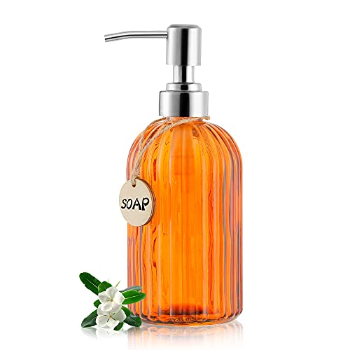 MOCLIF 16 OZ Soap Dispenser，Tempered Glass Clear Vertical Stripe with 304 Rust Proof Stainless Steel Pump Refillable Liquid Hand Soap Dispenser，for Bathroom, Kitchen, Dish Soap，Lotion (Orange) - color: Orange