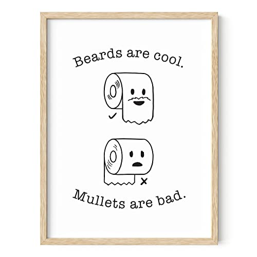 HAUS AND HUES Funny Bathroom Decor – Beard and Mullet Wall Art, Humorous Bathroom Sign, Fun Wall Print for Restroom or Home (12x16, Beige Frame) - color: Beard/Mullet, size: 12"L x 16"W, style: Beige Framed
