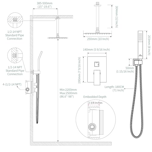 SunCleanse Rainfall Shower Faucet Set Polished Chrome Shower Combo Set for Bathroom with High Pressure 10 inch Shower Head with Handheld Shower Valves Shower Head and Handheld Ceiling Mounted - color: Polished Chrome, style: 10-ceiling