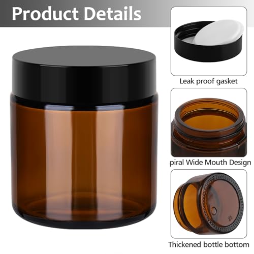Accmor 4 oz Amber Glass Jars with Black Lids, 4 Pack Empty Glass Jars Makeup Sample Container with Inner Liners, Leakproof Round Airtight Cosmetic Travel Containers for Lotions, Creams, Candle Making - color: Amber, size: 4 Ounce
