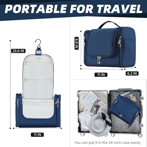 Buruis Hanging Toiletry Bag for Women and Men, Large Water-Resistant Makeup Organizer with Sturdy Hook, Lightweight Nylon Dopp Kit for Full-Sized Toiletries & Cosmetics, Blue - color: Blue, size: Large