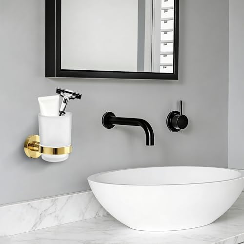 Toothbrush Holder with Frosted Glass Cup, Stainless Steel Wall Mounted Mouthwash Tumbler Holder for Bathroom, Toothpaste & Toothbrush Organizer, Brushed Gold - color: Gold