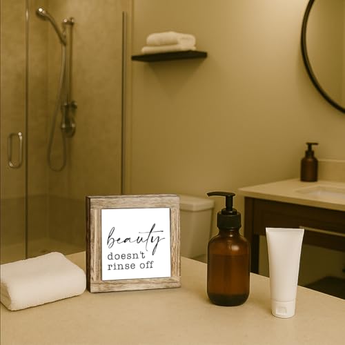 Funny Bathroom Sign Shelf Decor, Beauty Doesn't Rinse Off Wood Block Sign, for Bathroom Shelf Restroom and Toilet Shelves Decor, Rustic Wooden Table Top Signs 5.9×5.9 inch - color: color35