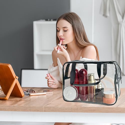 PVC Clear Pure Color Transparent Large Zipper Cosmetic Pouch Travel Makeup Cosmetic Bag with Handle for Travel Bathroom Toiletry Organizer (Clear+Black Handle) - color: Clear+Black Handle