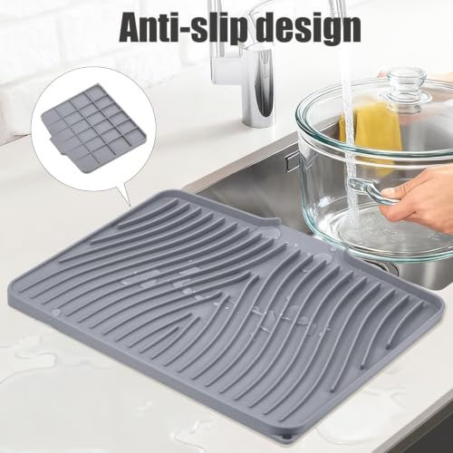 TIKNIK Silicone Dish Drying Mat for Kitchen Counter - Heat Resistant & Non-Slip Dish Drain Pad with Built-In Drain, Dishwasher Safe, Quick-Dry, Hangable & Roll-Up for Storage, Grey-1pcs, 20" x 15" - size: 20" x 15"