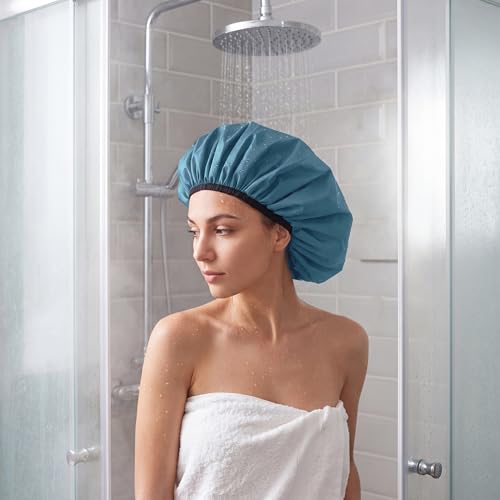Extra Large Shower Cap for Women, Reusable Waterproof Shower Bonnet with Satin Lining, Double Layer Washable Bath Hair Cap for Braids, Locs, Long Thick Curly Hair, Natural Hair(Big Haze Blue) - color: Haze Blue