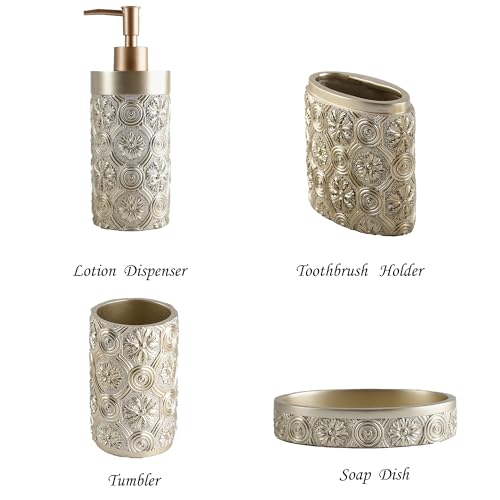Hymmah Bathroom Accessories Set,Golden Design Toothbrush Holder,Farmhouse Bathroom Decor,4 Pcs Resin Gift Set Apartment Necessities, Contain Toothbrush Cup,Soap Dispenser,Soap Dish,Tumbler - color: Golden Petal