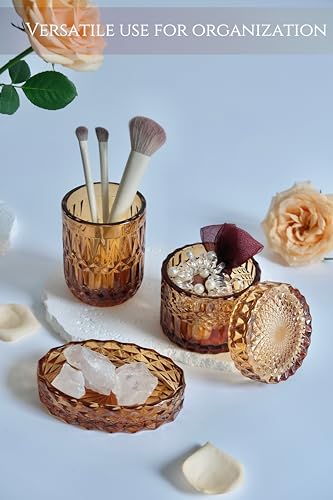 LaMarriti Amber Bathroom Accessories Set, 5Pcs Clear Glass Bathroom Sets, Hand Soap Dispenser, Soap Dish, Toothbrush Holder Set, Qtips Holder for Crystal Vintage Bath Decor, Set - style: Amber Brown