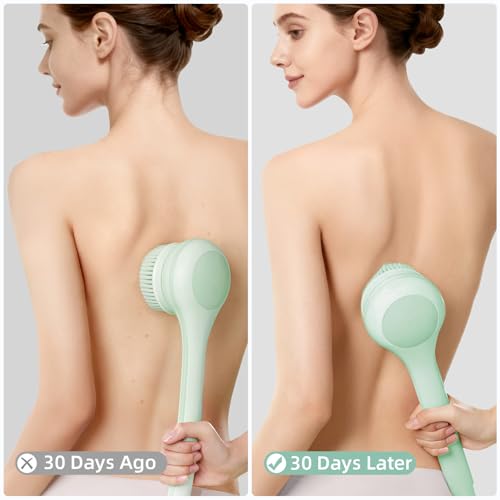 Electric Body Brush Back Scrubber for Shower, Waterproof Long Dual Handle Body Scrubber with 3 Heads, Bath Brush & 2 Speeds, for Cleansing, Exfoliating and Massaging Skin, Pale Cypress Green