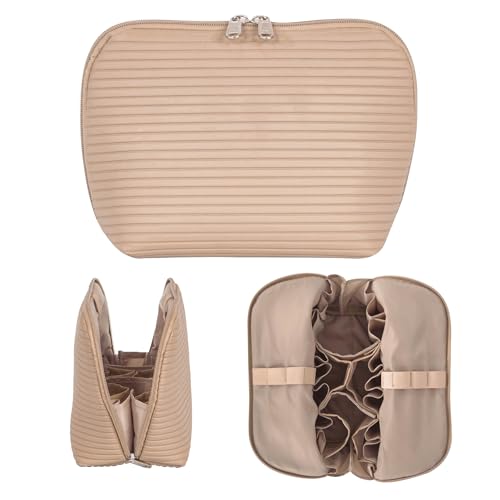 Travel Makeup Bag for Women, Waterproof Stand Up Cosmetic Bag with Brush Holders, Organizer Bag with Compartments, Fold-Down Design for Skincare, Toiletries & Essentials (Camel, Medium) - color: Camel, size: Medium