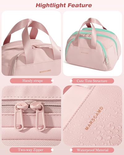 Marscamd ravel Makeup Bag for Women, Lay-Flat Toiletry Organizer, Pink | Lay-flat design, waterproof wet & dry pockets, 3-section organization & lightweight carry - color: Pink