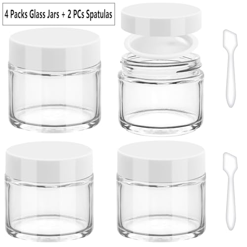 Accmor 2 OZ Glass Jars with White Lids, 4 Pack Round Glass Cosmetic Jars Sample Container with Inner Liners & Spatulas, Leak Proof Travel Toiletries Containers for Creams, Makeup, Lotion, Spice - color: White, size: 2 Ounce