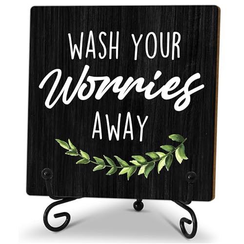 5" Funny Wooden Sign, Wash Your Worries Away Sign, Funny Bathroom Laundry Room Desk Decor, Restroom Guest Bathroom Decoration, Funny Toilet Washroom Plaque Sign Decor-A04 - color: black