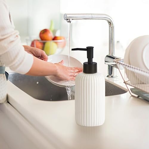 Hand Soap Dispenser Bathroom Accessories, 15oz Ceramic Dish Soap Dispenser for Kitchen Sink, Refillable Liquid Pump Bottle for Shampoo, Lotion, Conditioner, Black White Bathroom Decor - color: Ribbed-white