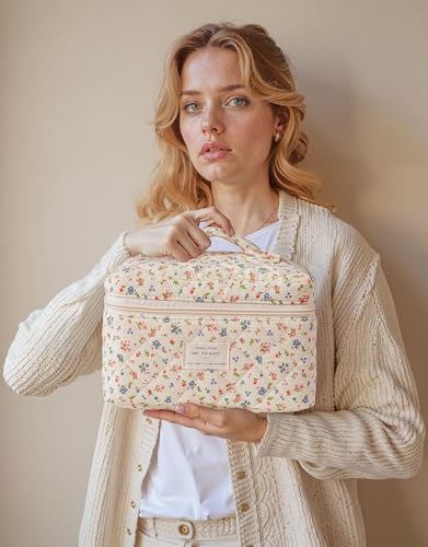 HBselect Quilted Makeup Bag, 3PCS Cotton Large Travel Makeup Bag, Cute Floral Coquette Make up Bag Cosmetic Bag Toiletry Bag for Women Girls - color: A-3PCS-Floral 12