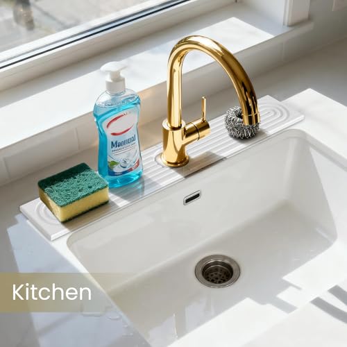 Diatomite Faucet Mat for Kitchen Sink, Quick-Dry Stone-Like Sink Mat, Flat Lay Absorbent Countertop Drying Mat for Faucet Area, Hard Diatomite Mat, White, 23.6 x 4 in - color: White