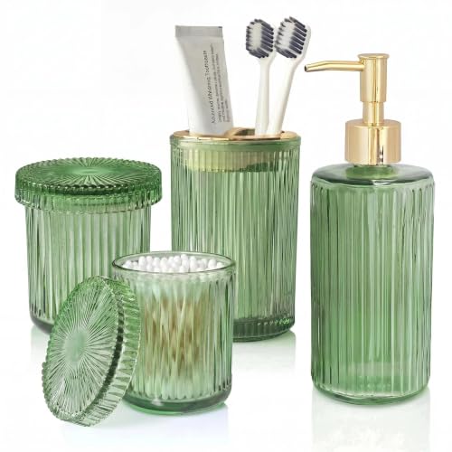 Bathroom Soap Dispenser & Toothbrush Holder Set 4Pcs Green Glass | Bathroom Accessories Set Includes Soap dispenser, Toothbrush holder & Qtip holders, Modern Bathroom Decor, Housewarming gift - style: 4 pcs Green