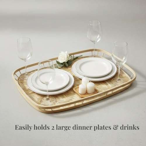 PEMAR Extra Large Bamboo Serving Trays with Handles, Set of 2 Measuring 19.3" x 13.8" Large Woven Dinner Tray, Rustic Wicker Rattan Tray Style for Eating, Bed Breakfast, Couch TV Lap Tray - size: 19.3" x 13.8" x 2"