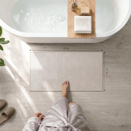 YIHOUSE Beige Bathroom Rugs 17"x32", Quick Dry Non Slip Bath Rug, Absorbent Machine Washable Thin Bath Mat for Restroom Floor Tub Laundry Room Home Decor - color: Beige, size: 1'5" x 2'8" (Rectangular)