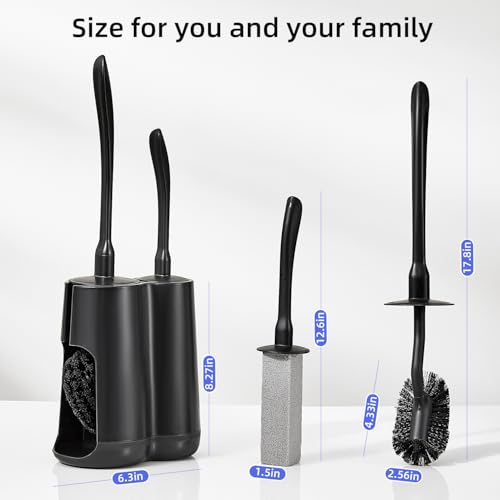 Toilet Brush & Pumice Stone Brush Combo, 2-in-1 Toilet Bowl Brush with Curved Deep Cleaning Brush and Extended Handle, Dual-Slot Holder Set, Compact Size Toilet Cleaner Brush Organizer (Dark Black) - color: Dark Black