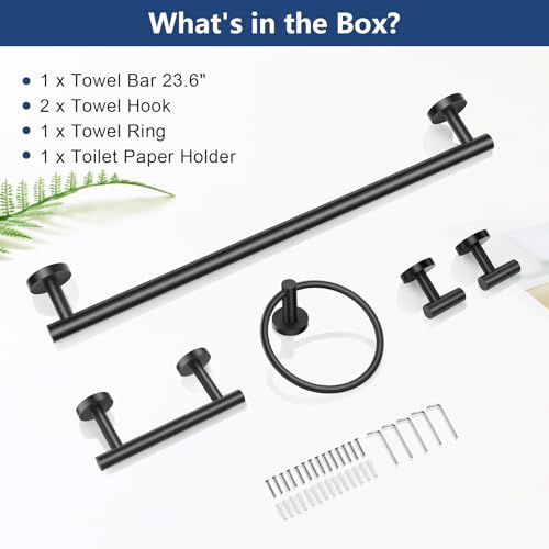 TQKAG Matte Black 5 Piece Bathroom Hardware Accessories Set 23.6" SUS304 Stainless Steel Bathroom Towel Bar Holder Sets Double Post Pivoting Toilet Paper Holder Set Wall Mounted - color: Matte Black, size: 5-Pieces Set-B