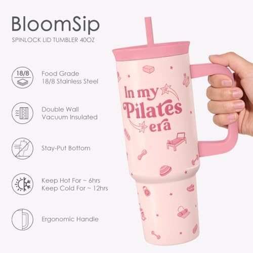 SANDJEST Pilates Stainless Steel Locking Lid Silicone Straw Tumbler with Handle 40oz, in My Pilates Era Insulated Stainless Steel Travel Cup for Women Coach Trainer, Gift Idea for Birthday Christmas - color: Pilates