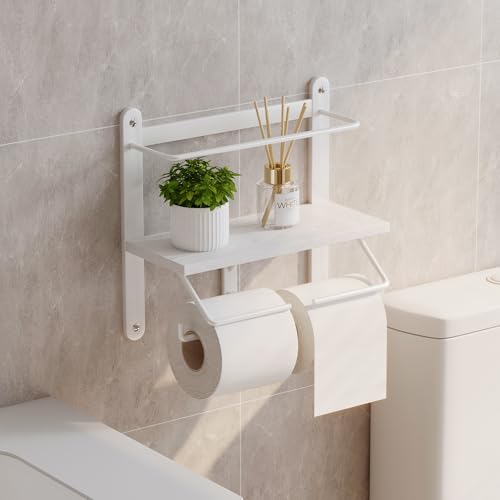 Homeiju Double Toilet Paper Holder with Shelf, Wooden Wall-Mounted Toilet Paper Roll Holder, Wall-Mounted Bathroom Organizer, Double Roll, Suitable for Bathrooms(White) - color: White