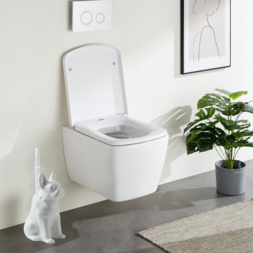 Comeon Ceramic Dog White/Black Toilet Brush and Holder Set, Plastic Handled Scrub Brush for Bathroom Cleaning,13.7"*6.3" (White) - color: White, size: Dog