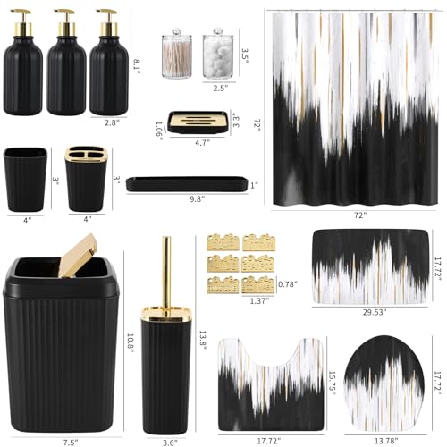 32PCS Bathroom Sets with Shower Curtain and Rugs-Purple Bathroom Accessories,Non Slip Bathroom Rugs Set with Toilet Lid Cover, Waterproof Shower Curtain, 3PC Soap Dispenser with Trash Can - size: Bath Set+Oil Paint Shower Curtain+Bath Rugs, style: Black