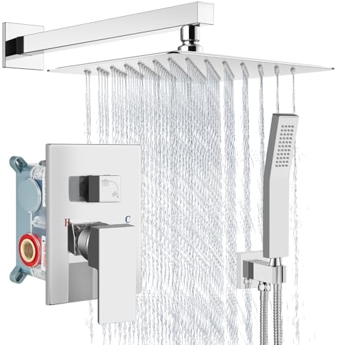 Aolemi Shower Faucet Set Rain Shower System with Handheld Spray Bathroom Shower Combo Rough-in Valve and Shower Trim Kit Included Polish Chrome 12 Inch Wall Mount Shower Head - color: Polish Chrome, size: 12 Inch Wall Mount Shower Head