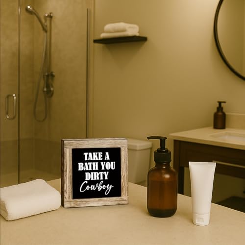 Western Bathroom Decor, Wooden Take A Bath You Dirty Cowboy Signs, Home Restroom Shelf Decorative Signs, Farmhouse Toilet Table Shelf Wooden Box Decoration 5.9×5.9 inch - color: color30