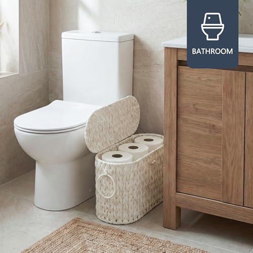 Coeusy Toilet Paper Basket,Wicker Toilet Paper Storage with Lid,Decorative Boho Wicker Basket for Bathroom,Free Standing-Cream White - color: Cream White