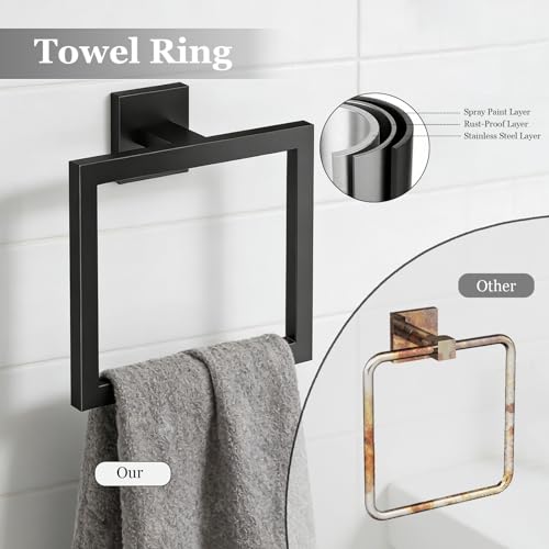 5-Pieces Wall Mount Bathroom Accessories Bathroom Hardware Set,23.6 Inch Stainless Steel Waterproof Towel Bars,Toilet Paper Holder with Shelf,Towel Ring,Coat Hook,Matte Black 5PC - Rectangle - color: Matte Black 5pc - Rectangle