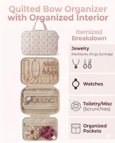 SOIDRAM Travel Toiletry Bag for Women Pink Bow Hanging Makeup Organizer for Toiletries Large Capacity Cosmetic Bag Cute Aesthetic Toiletry Kit for Travel