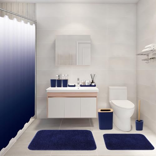 XLHOMO Bathroom Accessory Set–Bathroom Sets with Shower Curtain and Rugs, No Slip Bathroom Rugs Super Absorbent, Blue Ombre Water-Proof Shower Curtain with Hooks, Blue Bathroom Sets Complete for Home - color: Hollow Blue, size: Bathroom Set+Shower Curtain