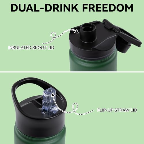 16 oz Insulated Water Bottle Bulk 4 Pack, Straw & Spout Lid, Keep Cold 24H, Spill Proof, BPA-Free, Double Wall, Stainless Steel Kids Water Bottles for School, Sports, Dark Green - color: Dark Green, size: 16 Ounces-4