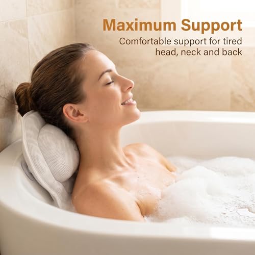 Bath Pillows,Bathtub Pillows for Head and Neck Back Support,Bath Pillows for Tub with Soft 4D Breathable Mesh Fabric and Nonslip Suction Cups,Relaxing Bath Accessories Spa Gifts .(Wave White)