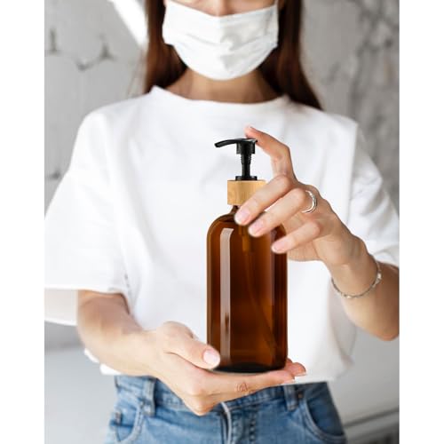 16oz/480ml Amber Glass Soap Dispenser Set, 2 Pack Dish Hand Soap Dispenser for Kitchen Bathroom, Clear Liquid Soap Bottle Dispenser with Bamboo Pump, Waterproof Labels, Funnel