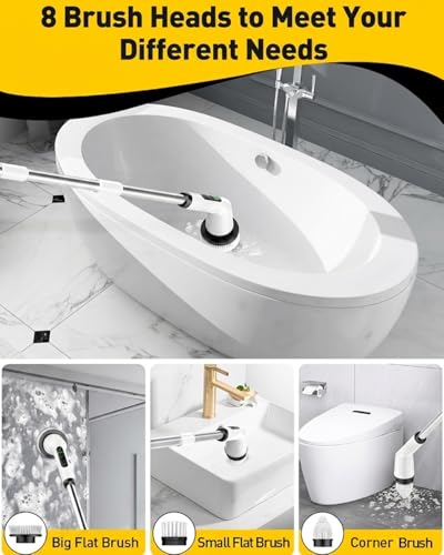 Shower Scrubber with Long Handle, Shower Cleaner Brush with 8 Floor Machine Pads, Cordless Electric Spin Scrubber for Cleaning with 2 Speed, Cleaning Supplies for Bathroom Bathtub Kitchen Floor Tile - color: White, size: 8 Brush Heads