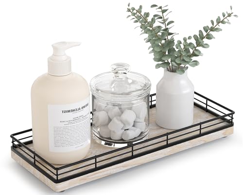 Bathroom Tray for Counter Top Organizer, Ash Wood Vanity Tray | Metal Frame for Dresser, Kitchen & Nightstand, Black & Whitewashed Decorative Storage - color: Black & Whitewashed, size: 11" x 4.5" x 1.5"