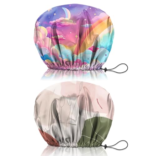 2 PCS Shower Cap Reusable Waterproof Double Layers Hair Caps Shower Bath Adjustable Elastic Hat for Women Girls Cute Aesthetic-Pink Cloud - color: AI5-Pink Cloud