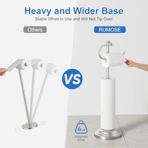 RUMOSE Toilet Paper Holder Stand for Floor, Brushed Nickel Bathroom Free Standing Toilet Tissue Roll Holder with Storage, Adjustable 17-25 Inch, SUS304 Stainless Steel - color: Brushed Nickel