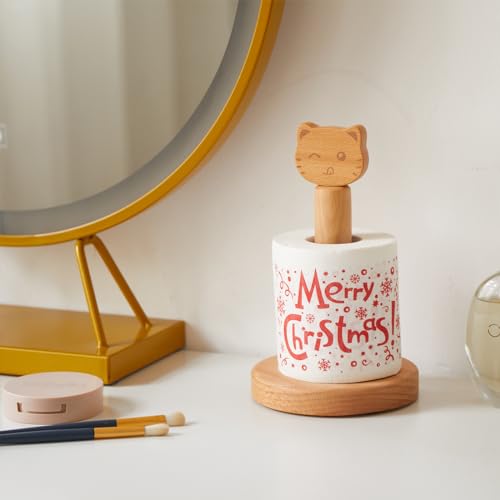 Vinoil Toilet Paper Holder Stand, Cute Cat Design Wooden Toilet Paper Holder Free Standing, Decorative Toilet Roll Holder, Scrunchies Holder Stand, Hair Ties Organizer - size: 8.27inch-Cat